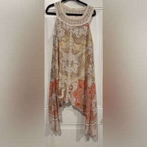 Cato Asymmetrical Dress in Cream. Crochet Neckline Shark bite hem lightweight XL